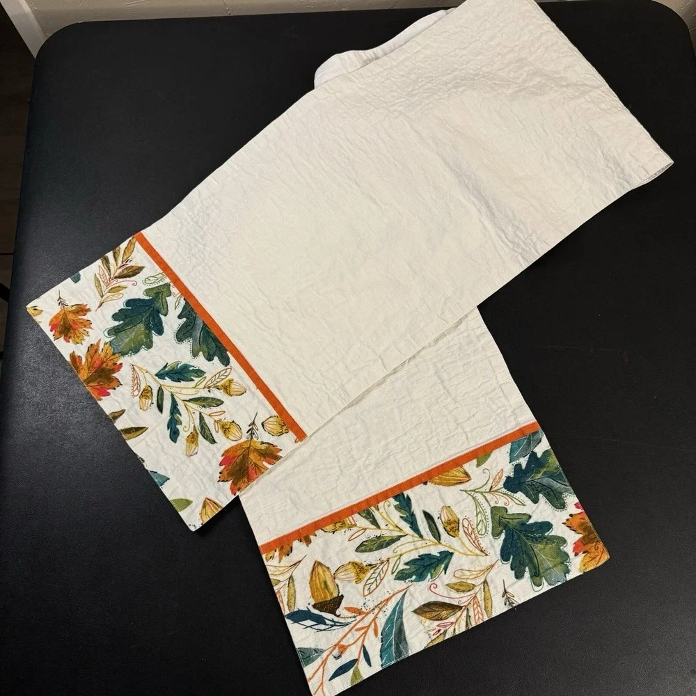 At Home Fall Botanical Oak Leaf Acorn Cotton Table Runner Cream Orange Green